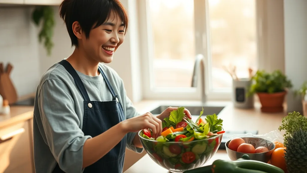 밝은 주방에서 샐러드를 만들며 웃는 사람