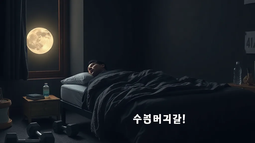 침실에서 편안히 잠자는 사람과 침대 옆 운동 기구 — 수면의 중요성 강조