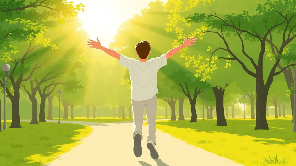 아침 햇살 속에서 산책하는 사람의 일러스트