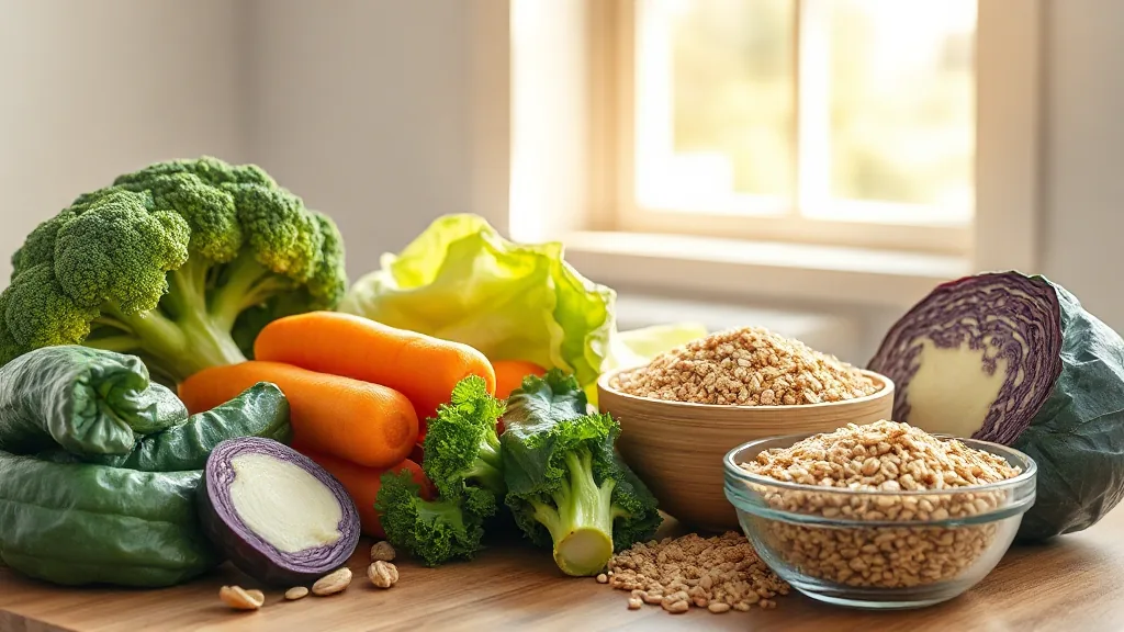 썸네일: Fresh vegetables and whole grains arranged on a wooden table with natural sunlight streaming through a window
