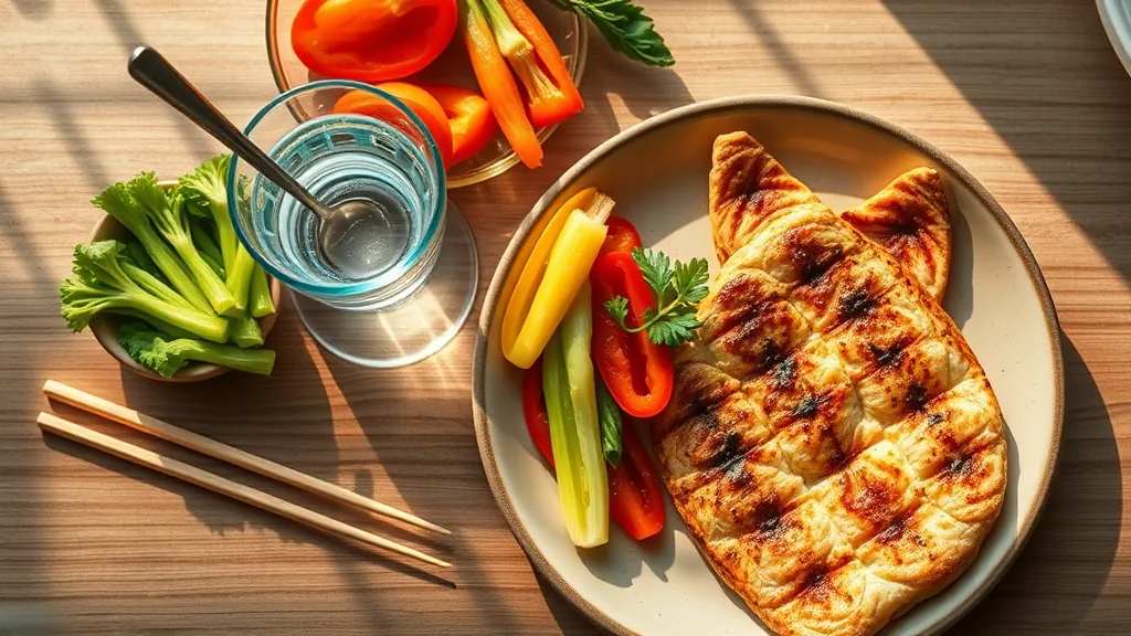 건강식 식탁에 차려진 채소와 생선 구이, 아침 햇살이 비치는 주방