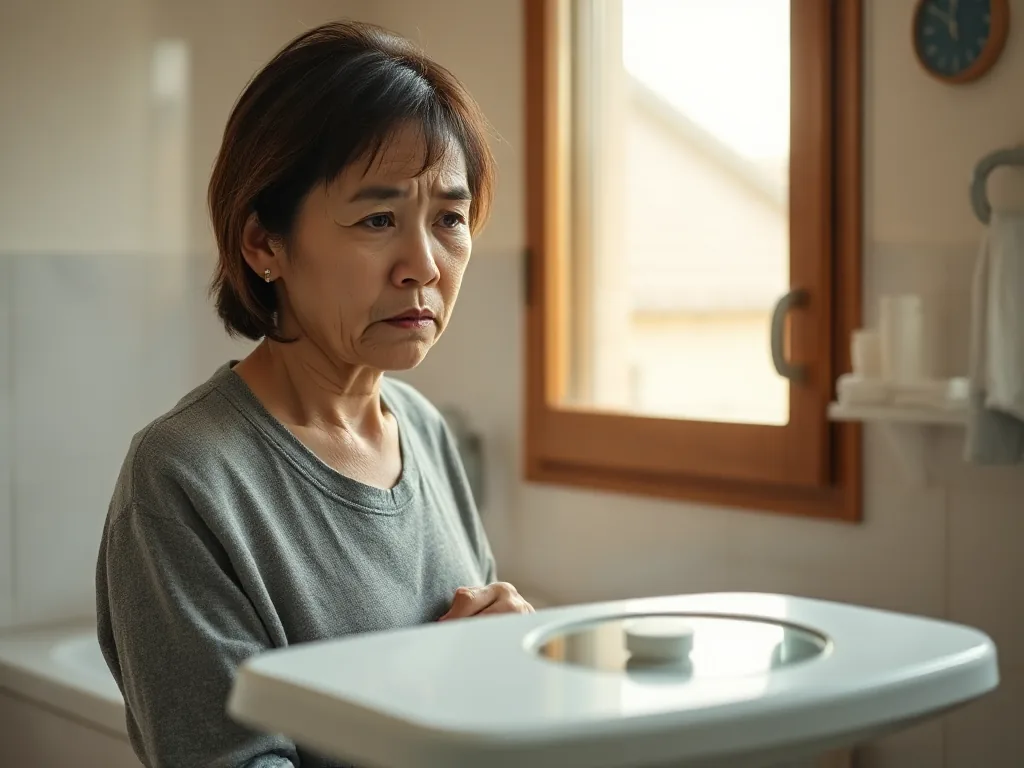 화면 속 체중계를 바라보며 고민하는 중년 여성의 모습