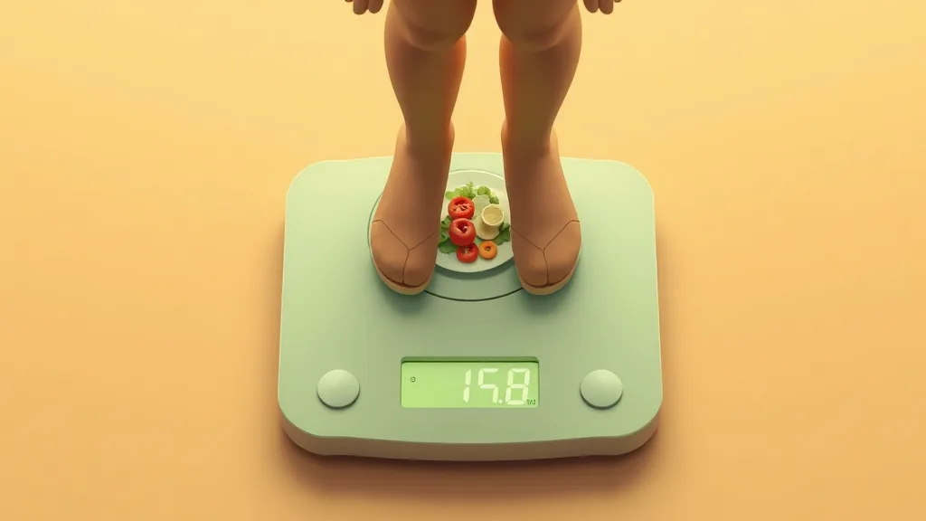 썸네일: 체중계 위에 음식 접시가 보이는 사람