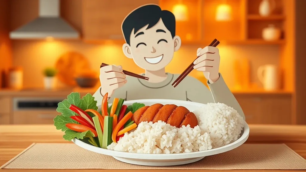 채소-단백질-탄수화물 순서로 나눠진 접시와 즐겁게 식사하는 사람