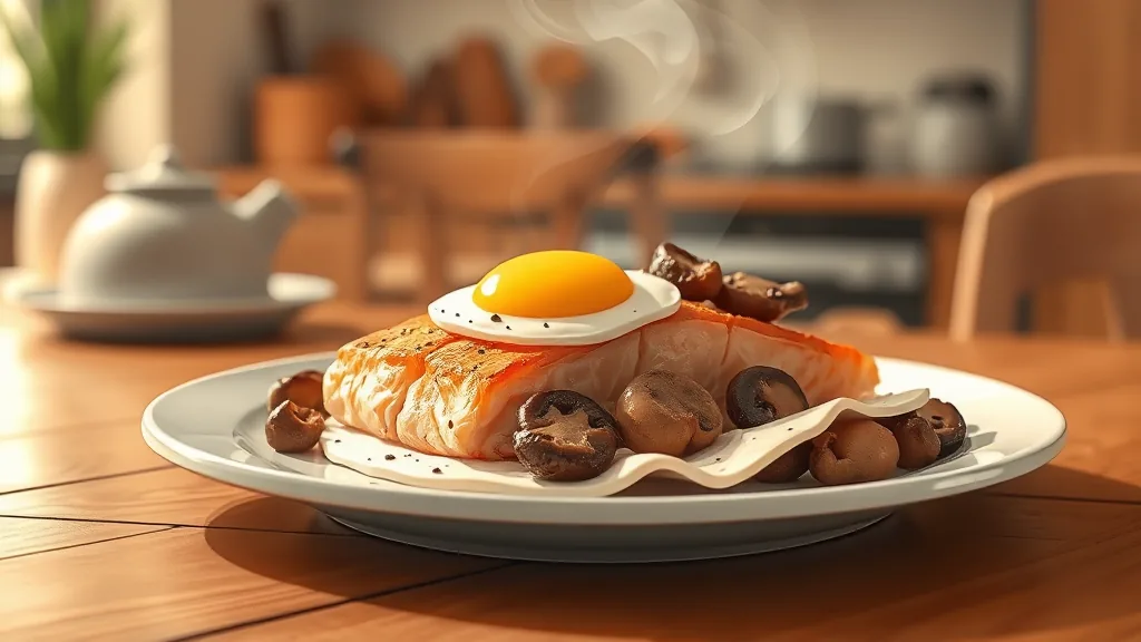Grilled salmon with egg and mushrooms on plate