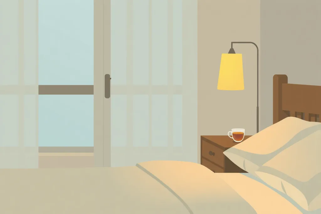 따뜻한 조명과 허브차가 놓인 잔잔한 침실 일러스트