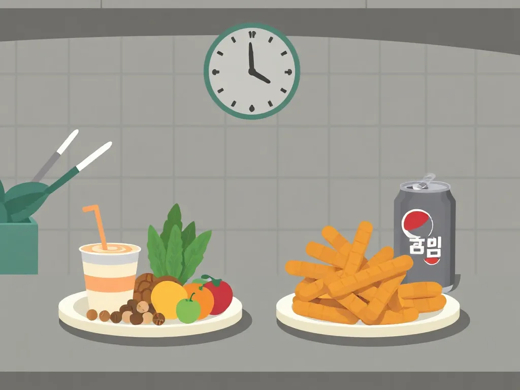 건강한 야식과 기름진 야식을 비교한 종이공예 일러스트