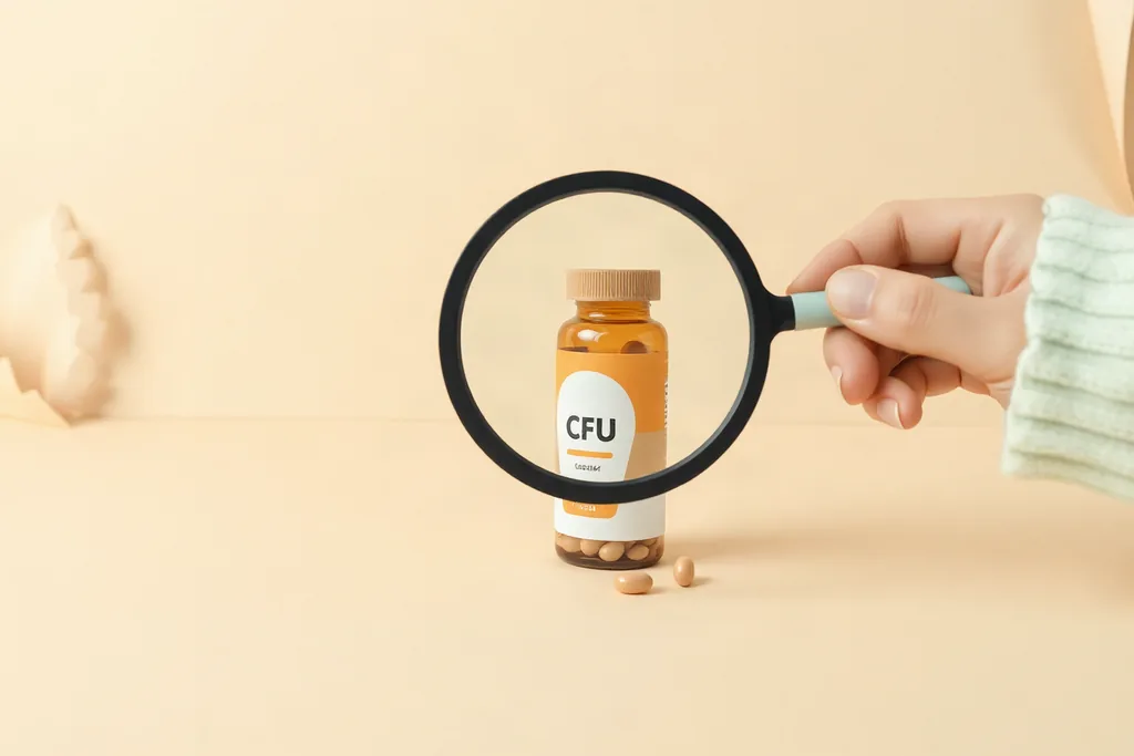 유산균 제품 뒷면에 적힌 CFU 표기를 돋보기로 살펴보는 손, 포근한 따뜻한 톤의 페이퍼컷 일러스트
