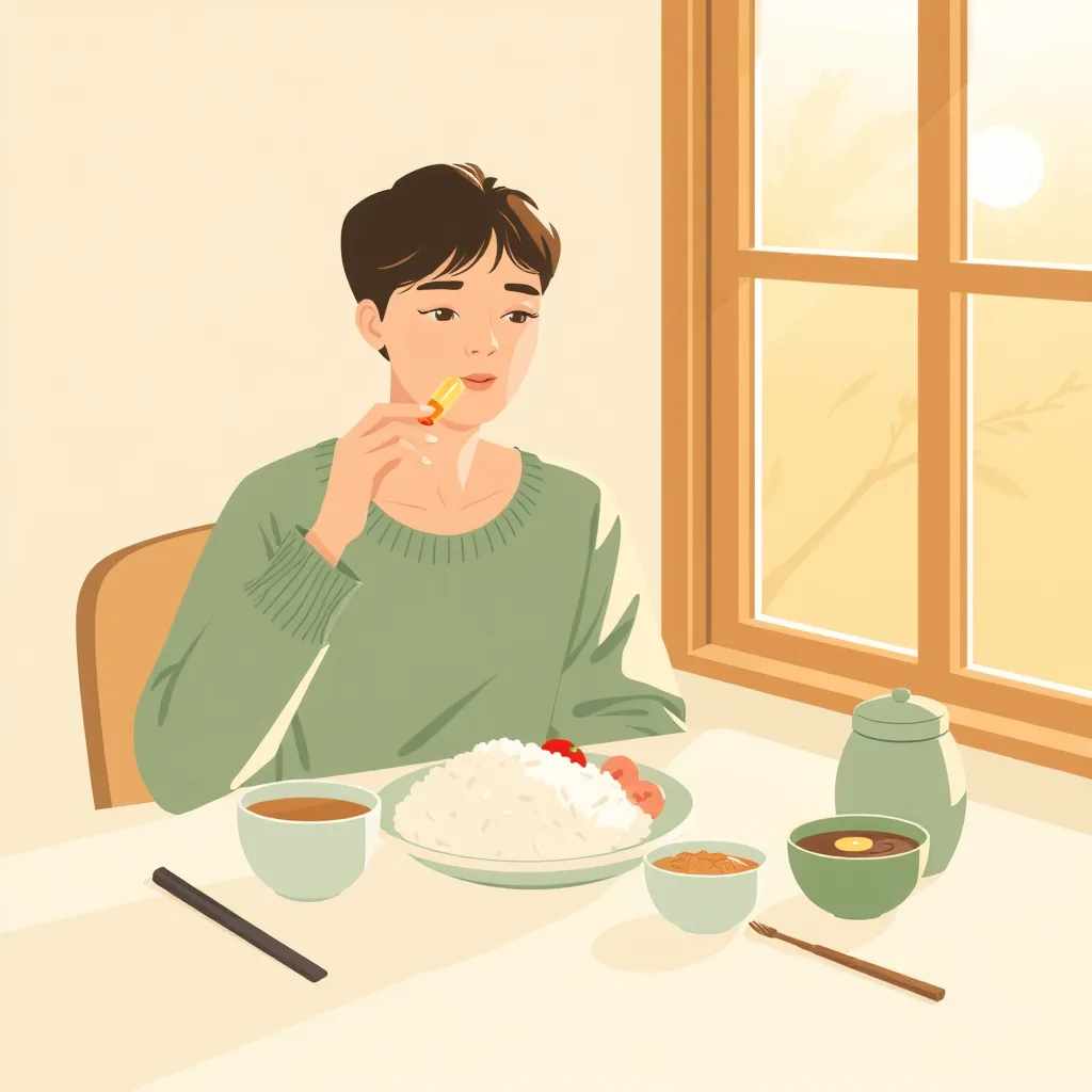 아침 식사 중 영양제를 삼키는 사람 일러스트