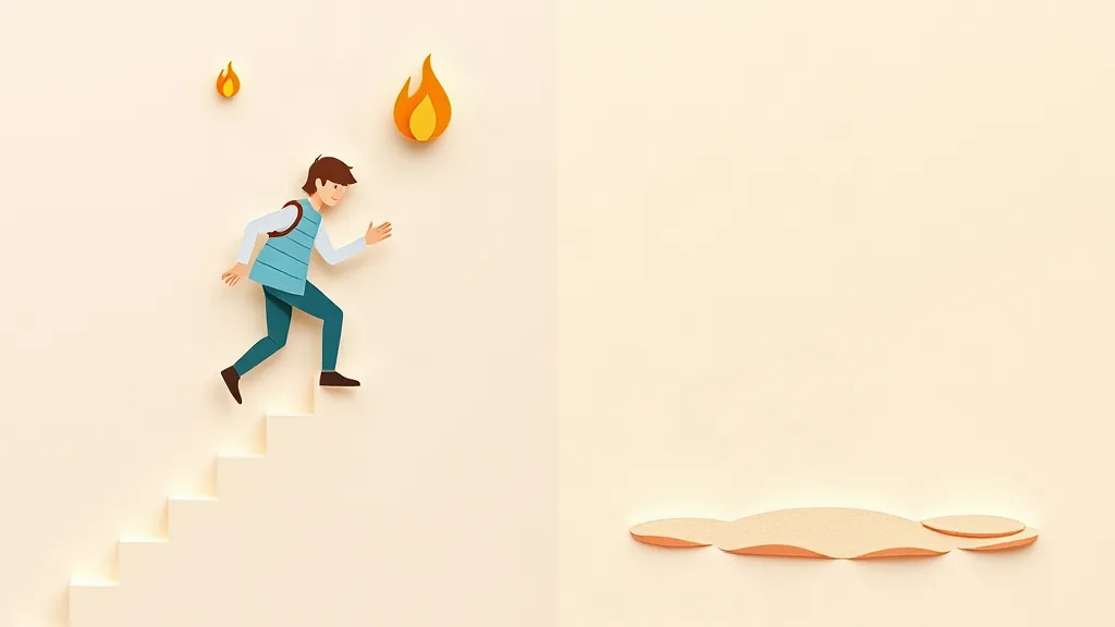 side by side paper-cut scenes of a person briskly climbing stairs and a person walking on flat ground, small flame shapes above each figure, cozy layered paper textures, warm pastel colors, no text, no typography, no words, no letters, no labels, no Korean text, no characters