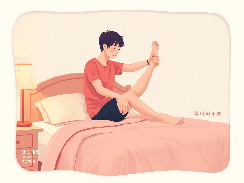 새벽에 다리 경련을 겪는 사람이 침대에 앉아 종아리를 주무르는 일러스트