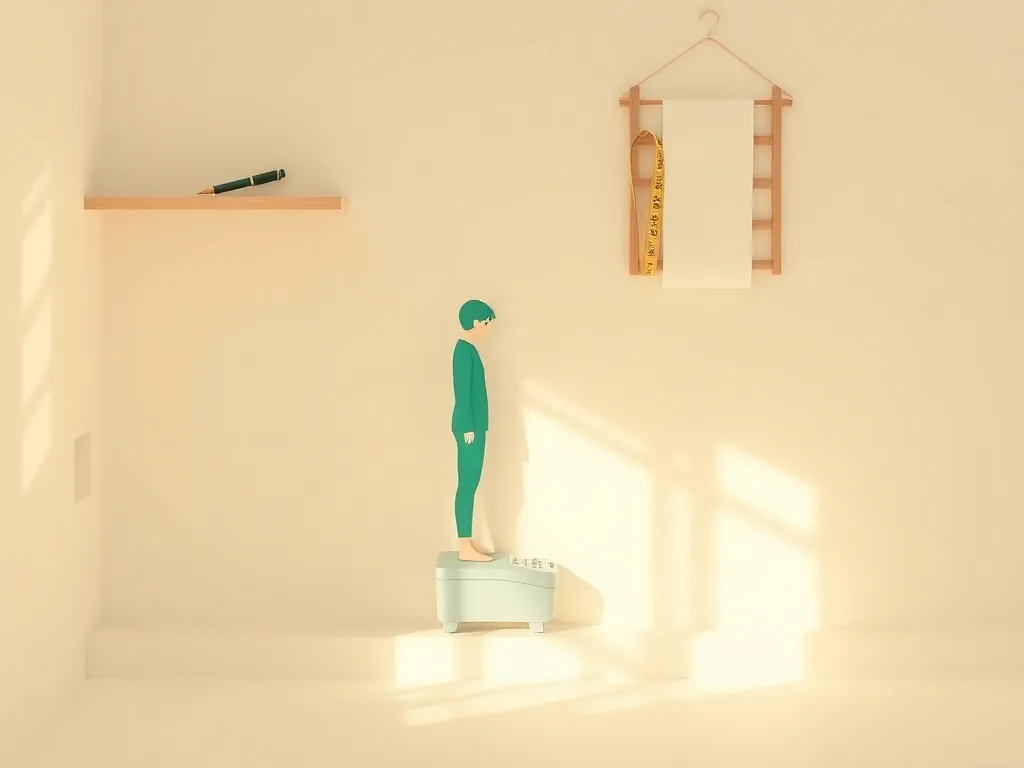 체중계 위에 서서 아침에 몸무게를 재는 모습과 노트