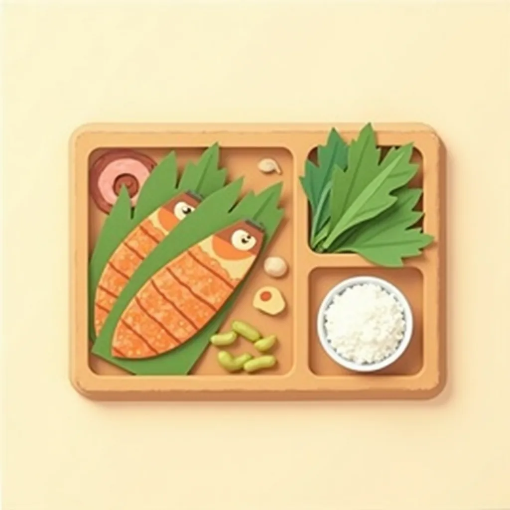 채소와 생선을 왼쪽에, 밥을 오른쪽에 둔 식판 순서 일러스트
