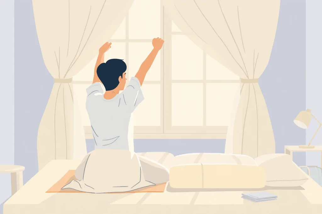 아침 햇살에 커튼을 여는 사람의 일러스트