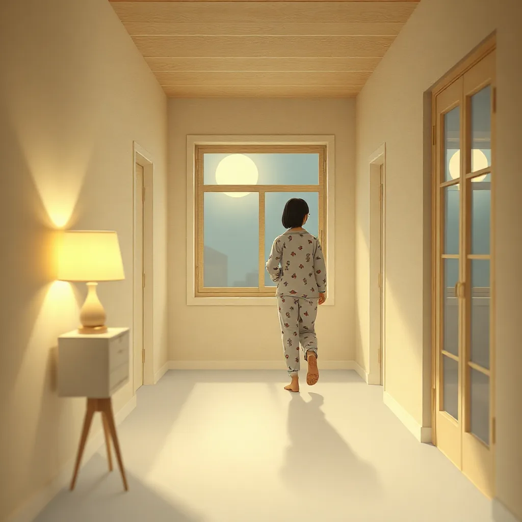 밤에 집 안 복도를 가볍게 걷는 사람의 종이공예 일러스트