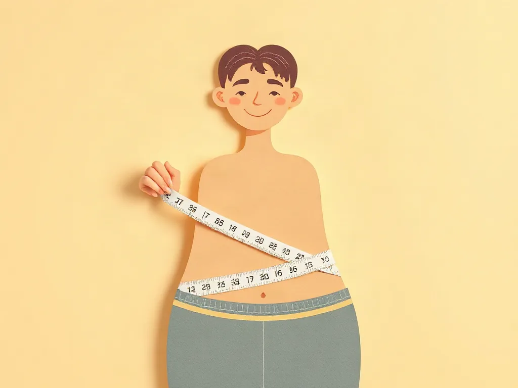 허리둘레를 줄자로 재며 웃는 사람의 따뜻한 허니톤 종이공예 일러스트