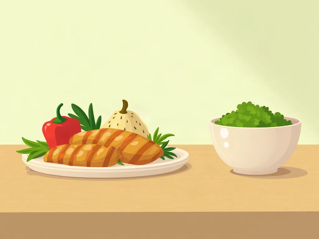 채소와 닭가슴살, 현미밥이 담긴 간소한 건강식 구성, 우드톤 배경의 미니멀 플랫 일러스트