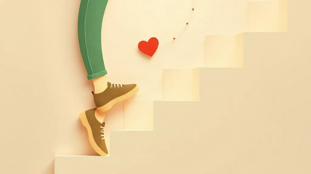 paper-cut illustration of legs and shoes stepping on stairs with an upright torso posture, a small heart and muscle shape beside, soft green and warm beige tones, cozy layered paper textures, no text, no typography, no words, no letters, no labels, no Korean text, no characters