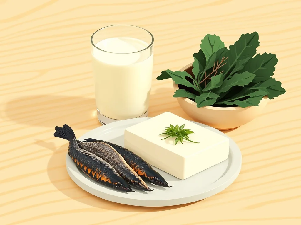 우유, 두부, 멸치, 짙은 녹색 채소가 담긴 칼슘 식단 일러스트