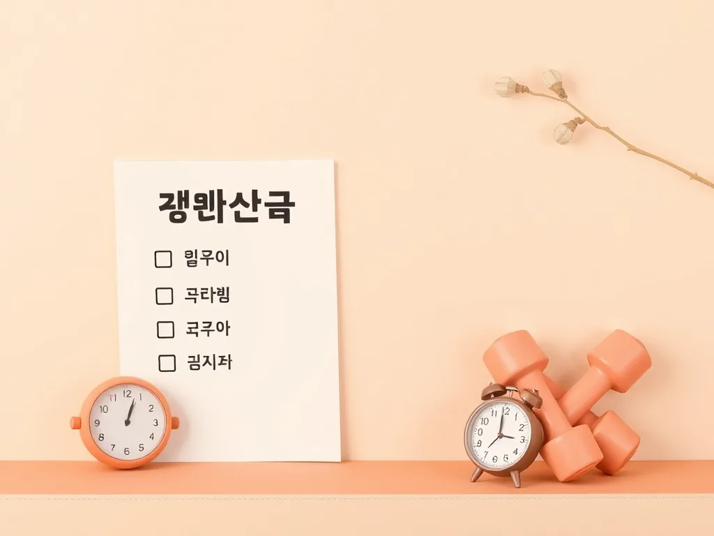 운동 순서 체크리스트와 덤벨, 타이머가 있는 장면
