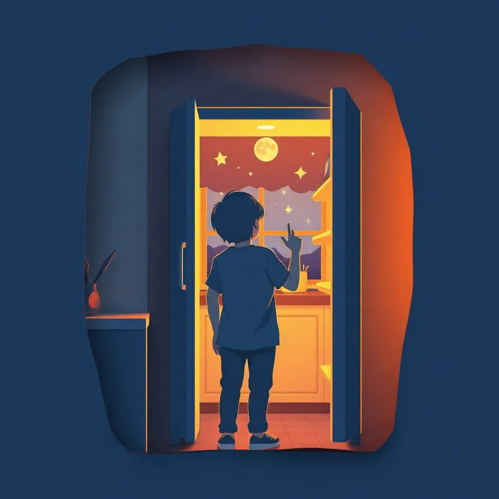 밤에 냉장고를 여는 사람의 종이공예 일러스트