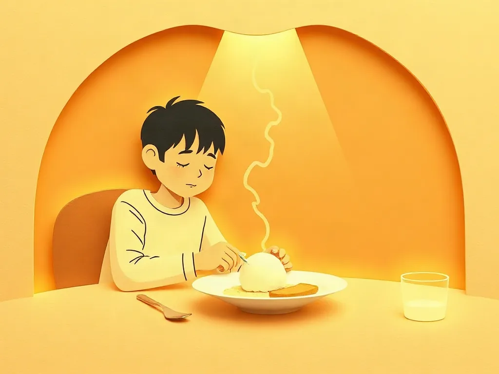 식후 졸음으로 지친 사람과 식탁 위로 피어오르는 당분의 파동 일러스트