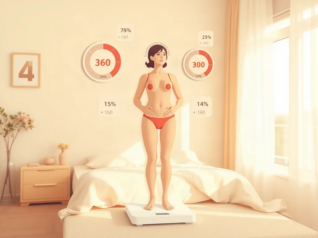 체성분 체중계 위에 서서 체지방률 수치와 둥근 차트가 떠 있는 일러스트