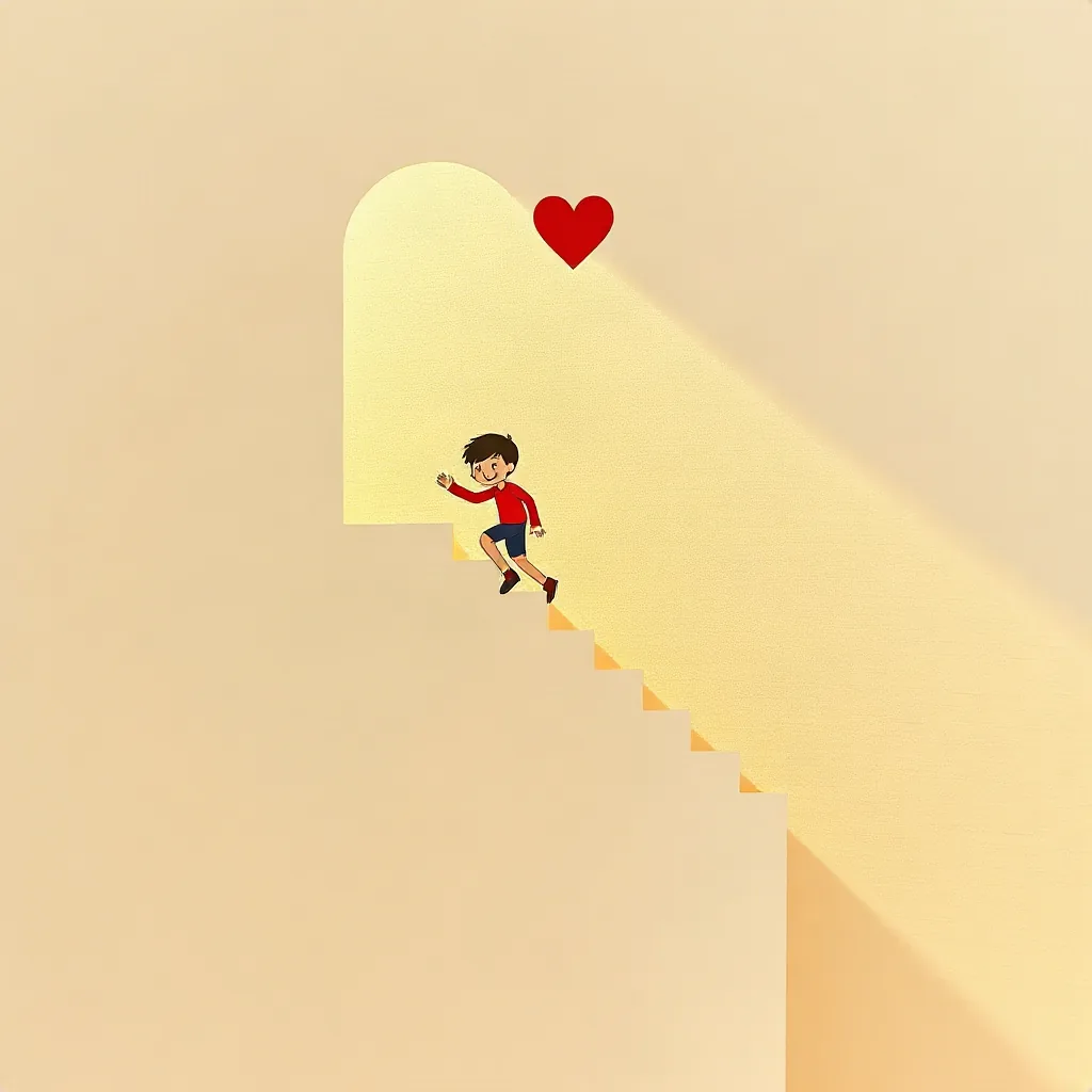 paper-cut illustration of a person climbing a staircase with a small heart floating above them, warm sunlight through a window, cozy layered paper textures, soft beige and orange tones, no text, no typography, no words, no letters, no labels, no Korean text, no characters