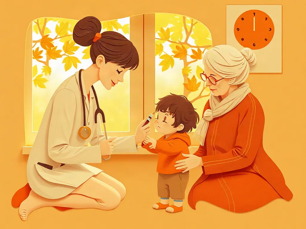 간호사가 어린이에게 독감 백신을 접종해주는 종이공예 일러스트