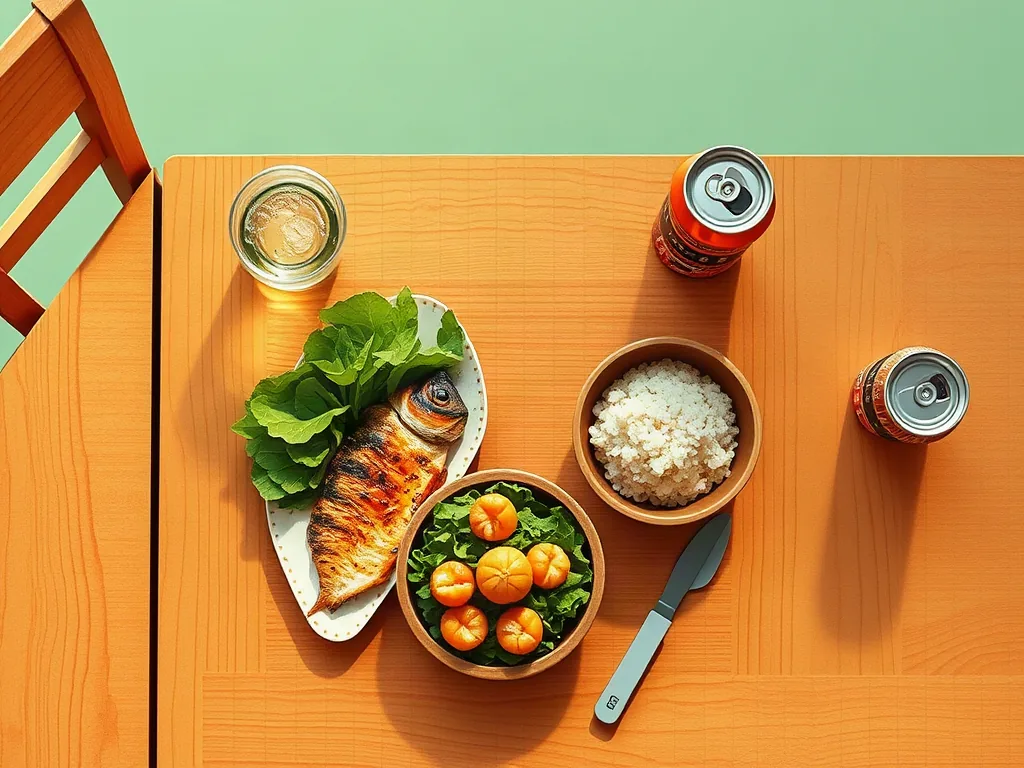생선과 샐러드, 현미밥이 올라간 식단 일러스트