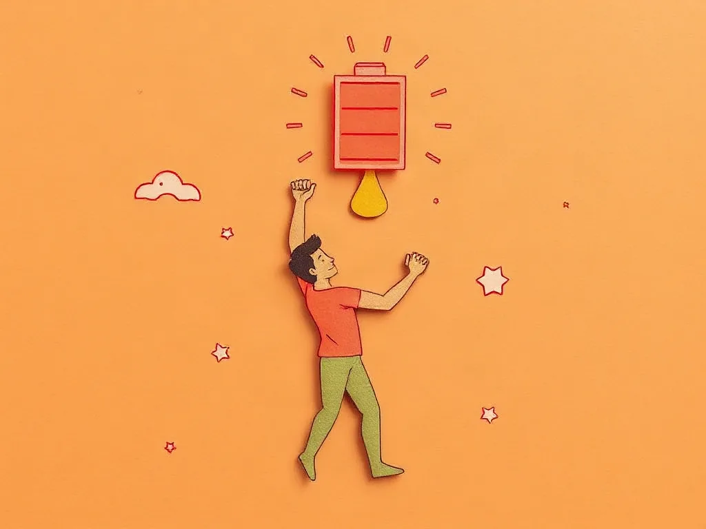 덤벨을 든 사람 위에서 에너지 배터리가 소모되는 모습을 표현한 따뜻한 종이공예 일러스트