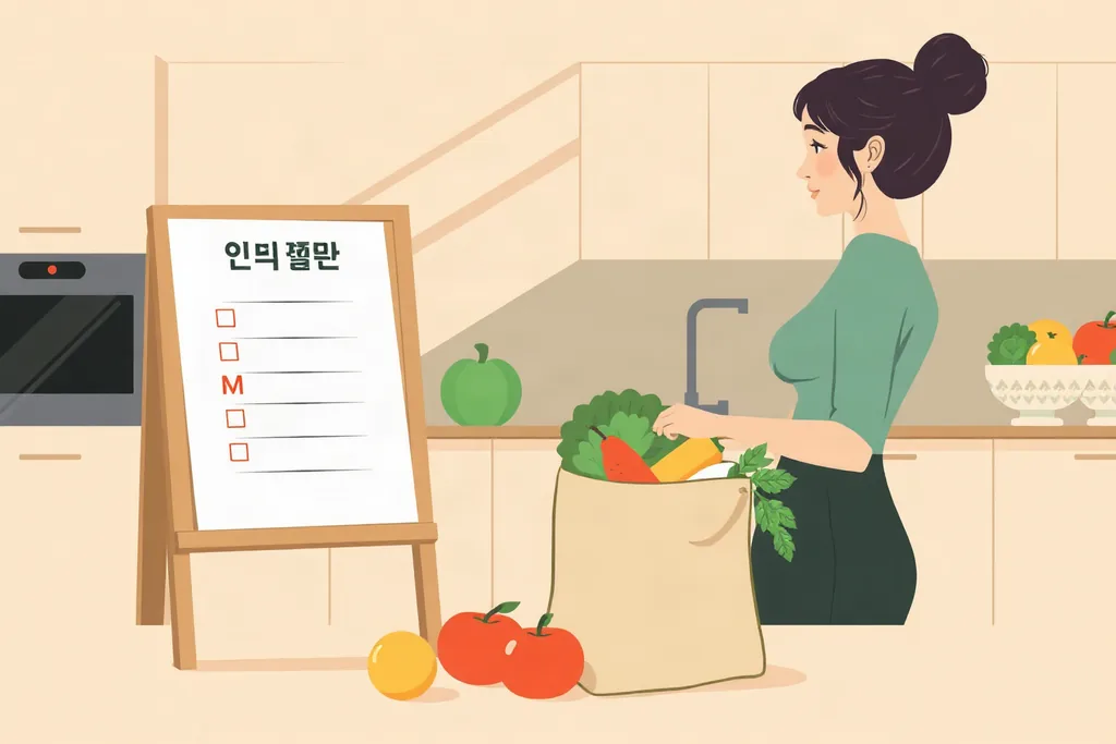 장바구니에 채소 과일을 담고 체크판을 보는 모습 일러스트