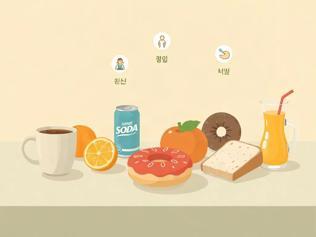 커피, 감귤류, 탄산음료, 도넛 등 공복에 피해야 할 음식이 늘어선 식탁 일러스트