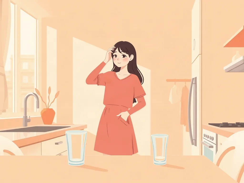 부엌에서 어지러움을 느끼며 카운터를 짚는 여성 일러스트