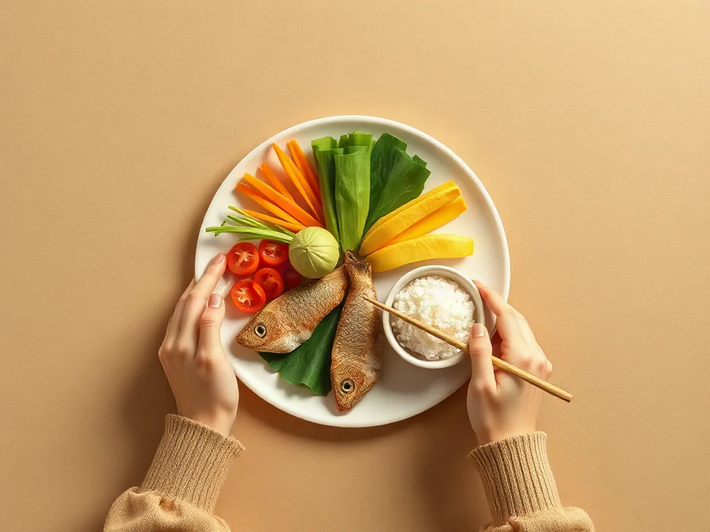 채소부터 먹는 식사 순서를 위에서 본 식탁 일러스트