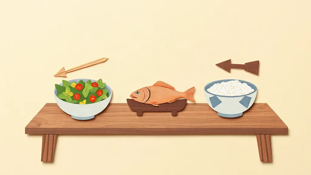 샐러드 생선 밥 순서로 놓인 식탁을 표현한 페이퍼컷 일러스트