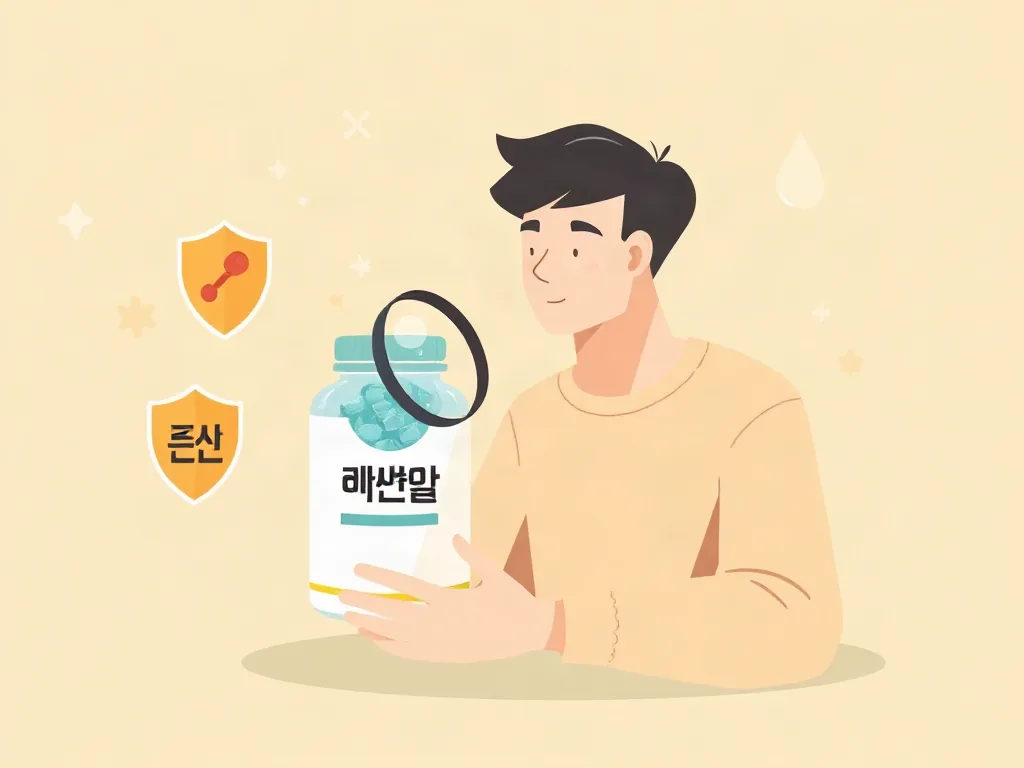 돋보기로 보충제를 살펴보는 인물 일러스트