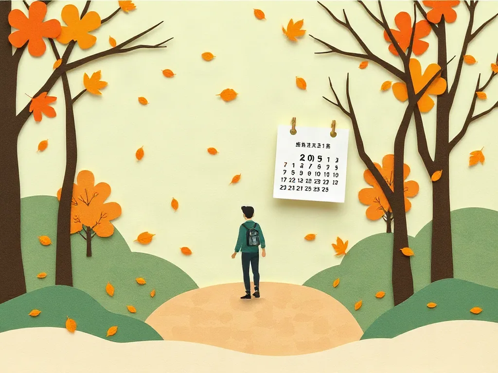 가을 낙엽이 흩날리는 공원 산책로를 걷는 사람과 달력 일러스트