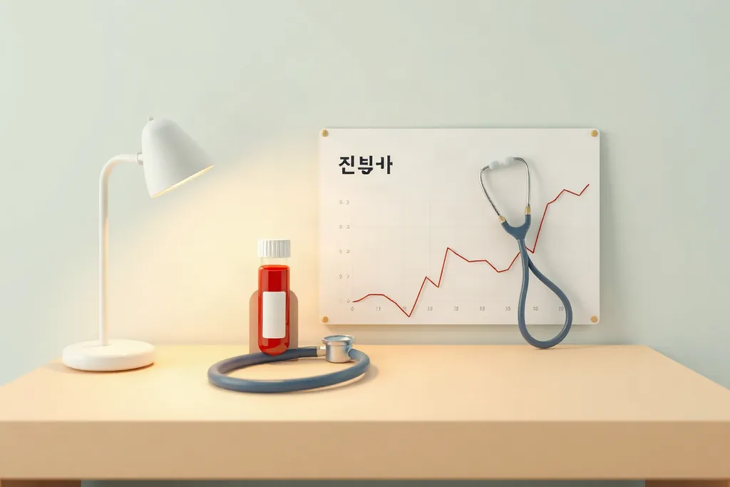 진료실 책상 위의 혈액 검사관과 청진기