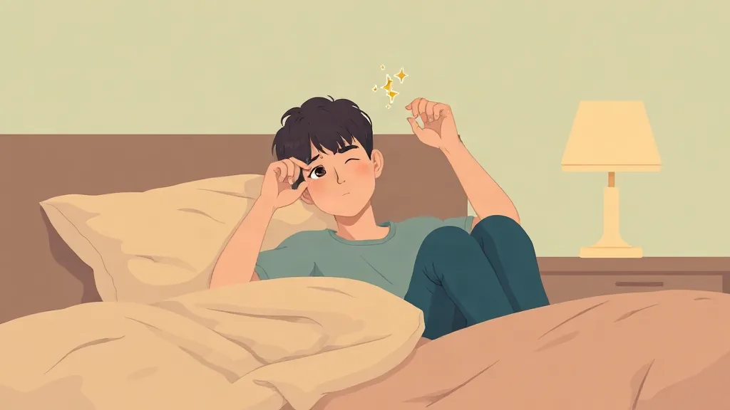 새벽 침대 가장자리에 앉아 떨리는 눈꺼풀을 문지르는 피곤한 사람의 일러스트