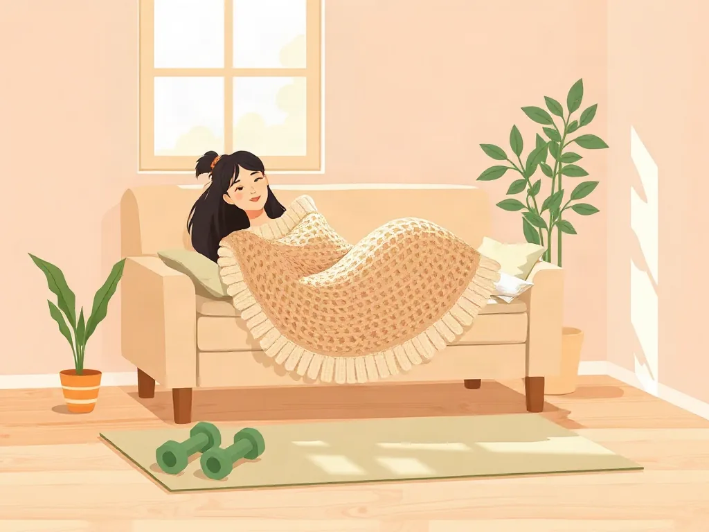 소파에서 담요를 덮고 쉬는 모습과 바닥에 놓인 덤벨