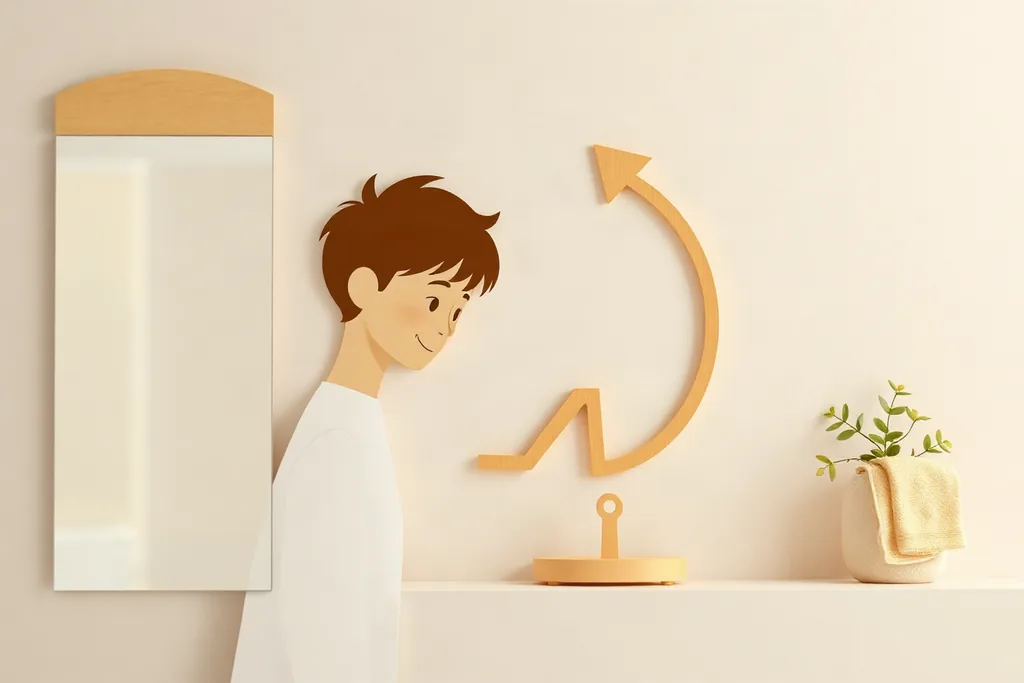체중계 옆으로 되튀는 화살표를 바라보는 사람 일러스트