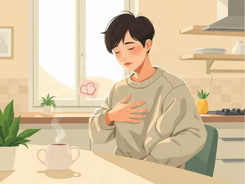 빈속에 커피를 마시며 속을 짚는 사람의 아침 식탁 일러스트