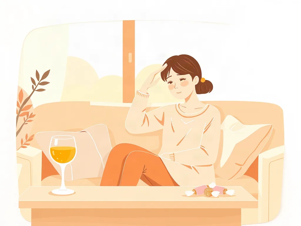 소파에 앉아 이마를 짚고 식은땀을 흘리는 여성 일러스트